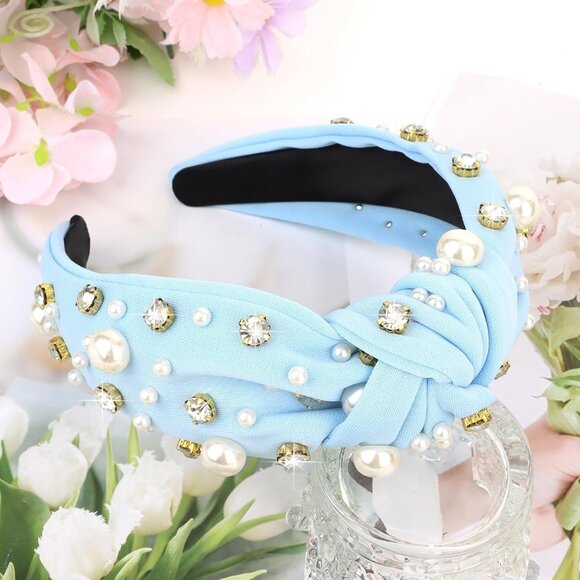 Blue Headband Pearl Knotted Headband Sparkly Rhinestone Pearls Top Knotted Headb - Picture 7 of 7